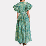 Green Fairycore Dress High Waist Slit Long Dress Autumn Puff Sleeve V-neck Waist-Controlled Large Hem Dress