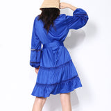 Green Fairycore Dress A- line Dress Autumn Small Stand Collar Single-Breasted Hollow out Stitching Lantern Sleeve Dress
