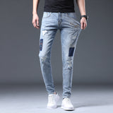 Men Distressed Jeans Man Ripped Jean Destructed Denim Pants Man Spring Summer Jeans Spring Slim-Fitting Stretch Patch Jeans Men's Trend Men Jeans