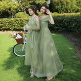 Green Fairycore Dress Bridesmaid Dress Long off-Shoulder Bridesmaid Group Evening Dress Graduation Host Party Dress Female