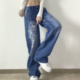 Low Rise Jeans Autumn Casual Loose Trousers Low Waist Pleated Heart Printing Jeans