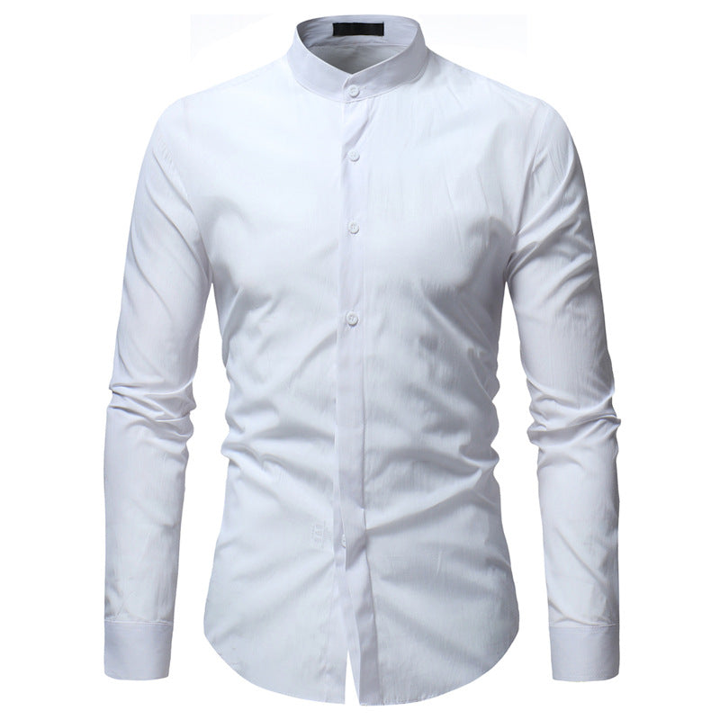 Men's Solid Color Stand-up Collar Slim-Fit Long-Sleeved plus Size Sports Retro Fashion Casual Men Shirt
