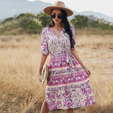 Russian Style Dress Bohemian V-neck A- line Dress Summer Leisure Vacation Style