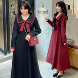 Red Peasant Dress Autumn and Winter = Doll Collar Elegant Extended Dress Vintage Skirt