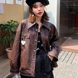 Urban Leather Jacket Autumn Brown with Loving Heart Leather Coat Loose Profile Jacket Top for Women