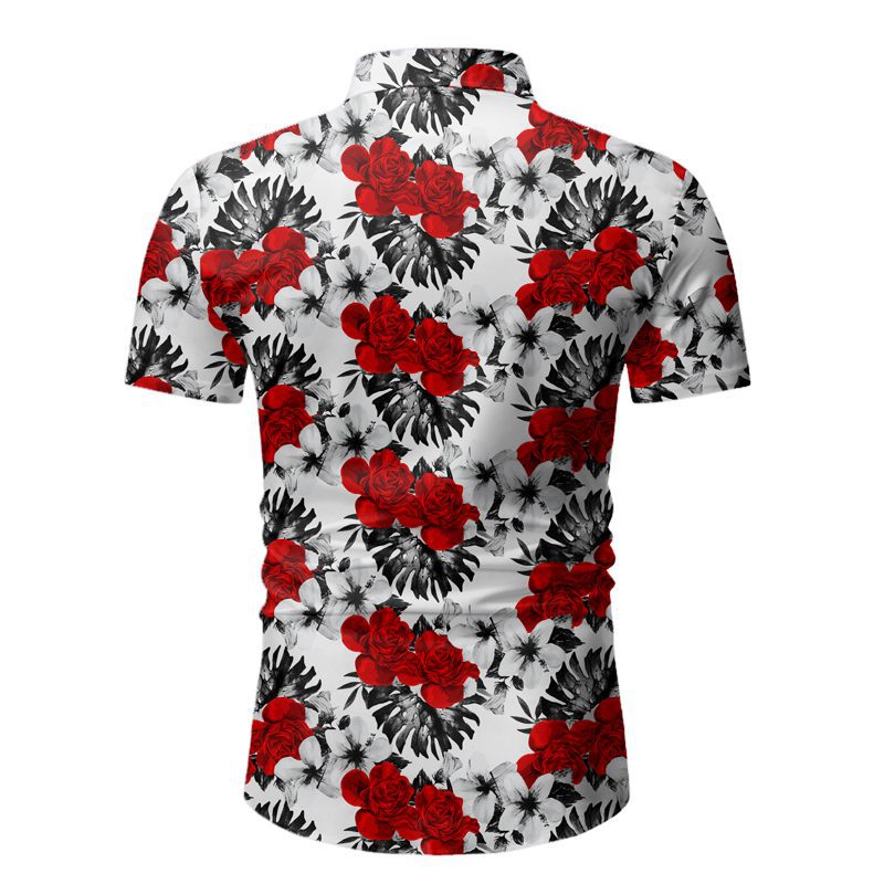 Men's Slim Print Short Sleeve Flower Fashion Casual plus Size Retro Sports Men Shirt