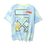 Summer Ow Cel Shading Arrow Print Roundneck Tshirt Color Matching Tiedyed Casual Short Sleeve Men And Women Owt