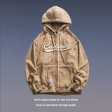 Men Fall Outfits Retro Hooded Coat Letter Flocking Embroidered Sports Sweater
