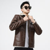 80's Leather Jacket Men's Leather Coat Winter Fleece-Lined Thick Fur Collar Cardigan Jacket Warm Coat