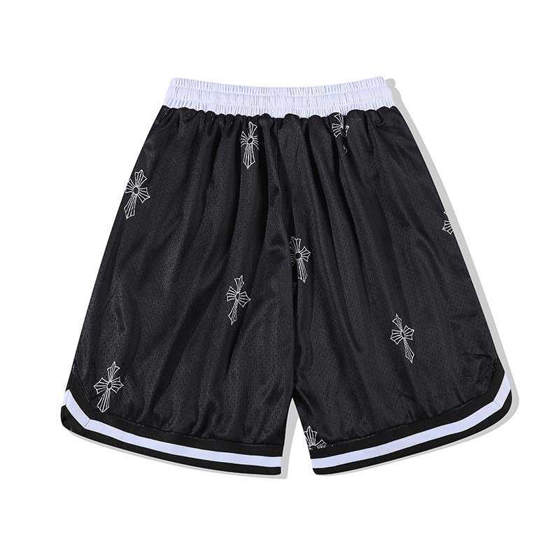 Basketball Shorts Fashion Zipper Loose Basketball Sports Fifth Pants High Street Cross Printed Mesh Casual Shorts