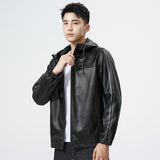 80's Leather Jacket Men's Autumn Coat Young Men's Fleece-Lined Fall Winter Hooded Leather Jacket