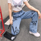 100 Cotton Jeans Women Printed Butterfly Jeans Women Loose Wide Leg Pants Mop Pants Trousers