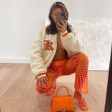 Cheerleader Letterman Jacket Embroidered Color Contrast Patchwork Loose Lapel Single Breasted