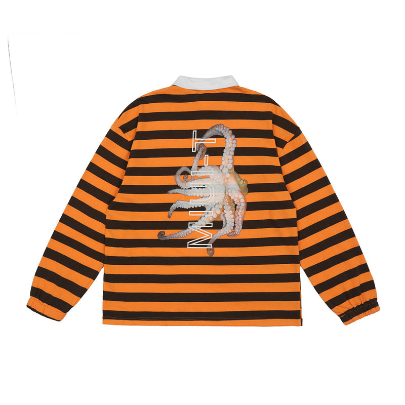 Men Summer Pullover Sweater Printed Striped Long-Sleeved Polo Shirt Men's Lapel T-shirt Street Fashion Pullover