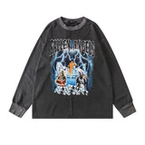 Mens Fall Outfits Punk Retro Flame Love Long Sleeve T-shirt Hip Hop Distressed Loose Oversize Sweater