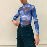 Rave Outfits Men Long Sleeve Shirt Printed See-through Street T-shirt for Men
