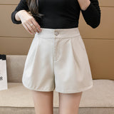 Leather Shorts Autumn and Winter Elastic Waist PU Leather Pants High Waist A- line Wide Leg Pants Casual Pants