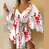 Red Peasant Dress Autumn Sexy V-neck Irregular Batwing Sleeve Lace-up Dress