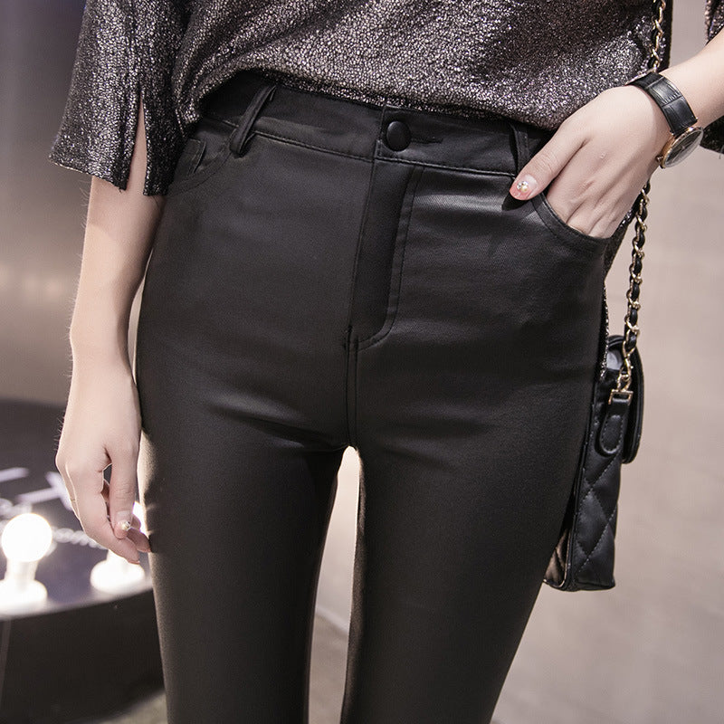 Black Leather Pants Matt Matte Tight PU Leather Pants Women Tappered Pants plus Velvet High-Waisted Trousers