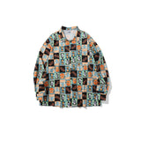 Mens Fall Outfits Vintage Long Sleeve Printed Shirt Loose Baggy Couple Shirt