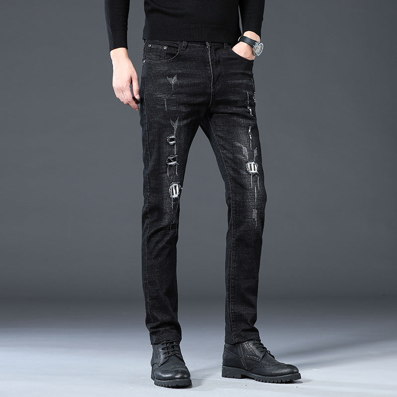 Men Distressed Jeans Man Ripped Jean Destructed Denim Pants Men Summer Spring Slim-Fitting Stretch Ripped Ankle-Tied Jeans Large Size Retro Sports Trousers Men