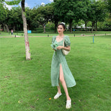 Green Fairycore Dress French Square Collar Floral Dress Summer Split Puff Sleeve Dress
