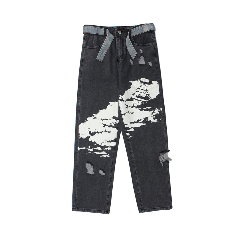Printed Jeans Men's plus Size Retro Sports Trousers Baggy Straight Trousers Men's Men's Jeans