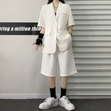 Harajuku Clothing Summer Solid Color Loose Short Sleeve Lapel Suit Top Straight Cropped Pants