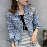 Pearl Jean Jacket Spring and Autumn Korean Outer Wear Long Sleeve Lapel Denim Jacket