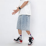 Men Jean Shorts Letter Printed Washed Denim Shorts Men's Summer Street Casual Loose Straight Shorts
