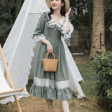 Green Fairycore Dress Doll Collar Mesh Slimming Patchwork Dress