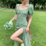 Green Fairycore Dress French Square Collar Floral Dress Summer Split Puff Sleeve Dress