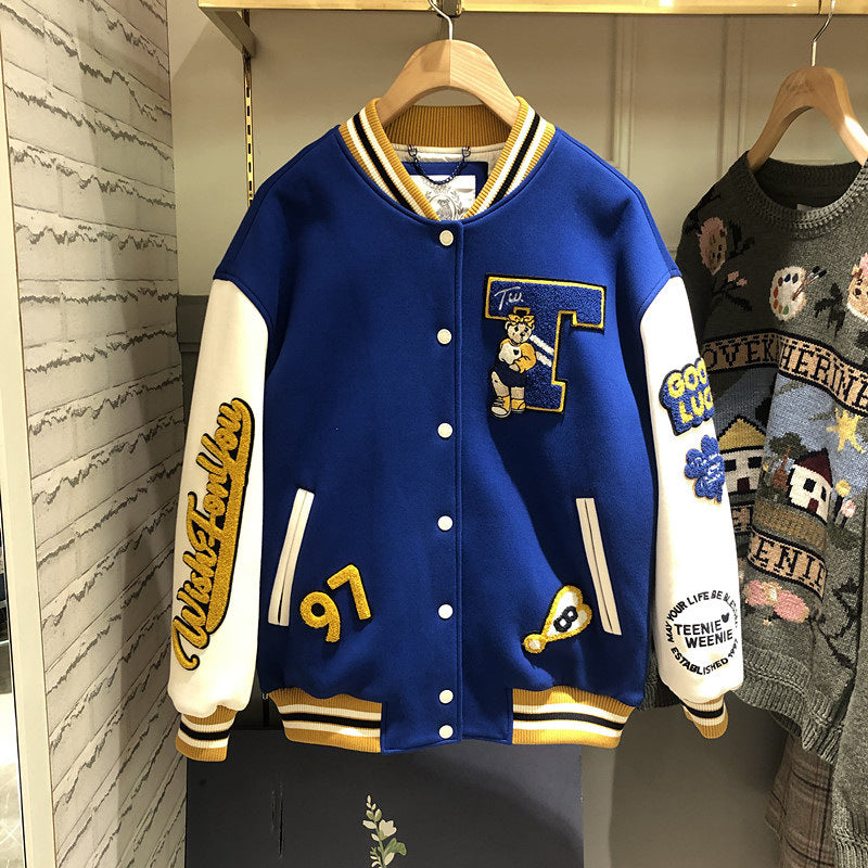 Cheerleader Letterman Jacket Fleece-Lined Thick Loose BF Versatile Baseball Uniform