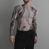Rave Outfits Men Long Sleeve Shirt Sexy Men's Undershirt Printed Slim Top