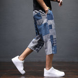 Men's Patchwork Jeans Summer Men's Casual Cropped Pants Loose Men's Clothing Cropped Pants plus Size Retro Sports