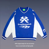 Mens Fall Outfits Retro High Street Sports Baseball Uniform V-neck Sweatshirt Long Sleeve Loose Bottoming Shirt
