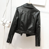 Women's Leather Jacket with Patches Belt Rivet Heavy Industry Zipper and Lapel Women's PU Leather Coat Epaulet Leather Jacket Coat