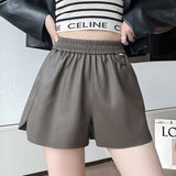 Leather Shorts Elastic Waist Pu Women's Autumn and Winter A- line Loose Wide Leg Pants Outer Wear Casual Boot Pants