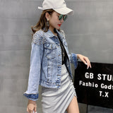 Pearl Jean Jacket Spring and Autumn Korean Outer Wear Long Sleeve Lapel Denim Jacket