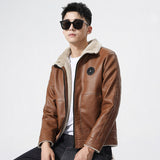 80's Leather Jacket Men's Leather Coat Winter Fleece-Lined Thick Fur Collar Cardigan Jacket Warm Coat