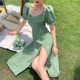Green Fairycore Dress French Square Collar Floral Dress Summer Split Puff Sleeve Dress