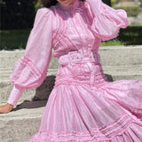 Green Fairycore Dress Summer Elegant Waist-Tight Slimming Puff Sleeve V-neck Patchwork Belt Long Dress