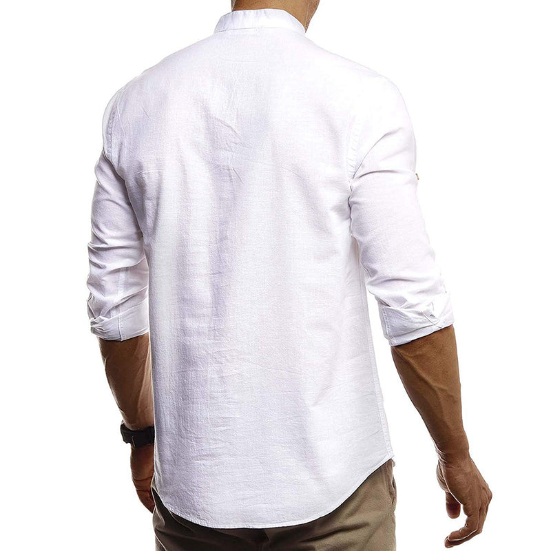 Men's Solid Color Stand Collar Linen Long-Sleeved Youth Fashion Casual Men Shirt