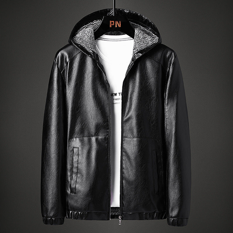 80's Leather Jacket Autumn and Winter PU Leather Fashionable Casual Hooded Simple Leather Jacket for Men