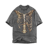 Present Letter Print T Shirt Present Skeleton Print High Street Retro Washed Distressed Vintage Casual Loose Couple Short Sleeve T-shirt