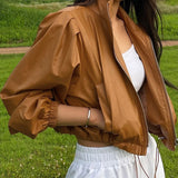 Urban Leather Jacket Polo Collar Drawstring Adjustable Leather Coat Short Long Sleeve Zip Cardigan Tops Women