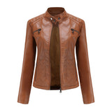 Hot Pink Motorcycle Jacket Women Casual Leather Clothing Stand-up Collar Jacket