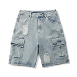 Mens Jean Shorts Washed Make Old Ripped Denim Shorts Men's High Street Fashion Brand Workwear Fifth Pants Street Fashion Loose Middle Pants