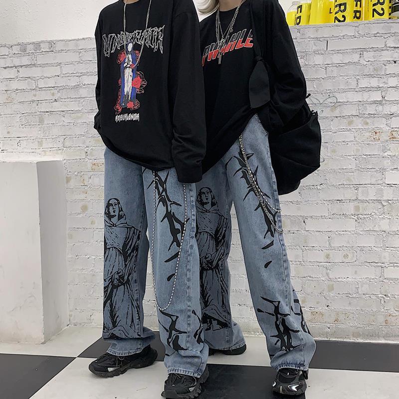 Anime Print Jeans Denim Pants Men Baggy Straight Trousers