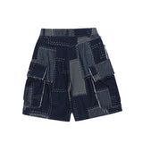 Men Jean Shorts Stitching Denim Shorts Men's Street Large Pocket Loose Straight Shorts